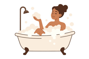 A young woman enjoys a bubble bath in her home bathroom