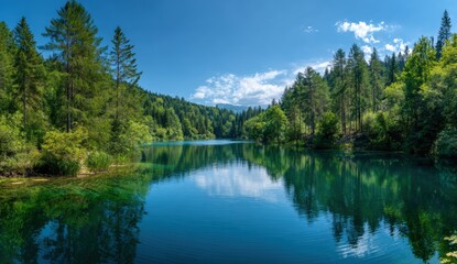 Obraz premium Tranquil lake nestled in a lush valley under a vibrant sky