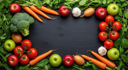 Fresh vegetables and fruits arranged on a dark wooden table, creating a vibrant natural frame