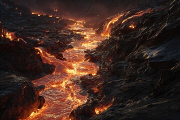 Molten river flowing through volcanic landscape