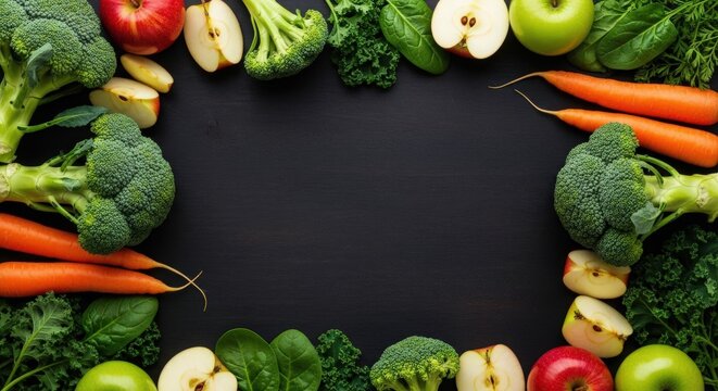 Fresh vegetables and fruits arranged on a dark wooden background, showcasing healthy eating options
