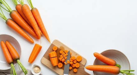 Freshly cut carrots on a wooden board with whole carrots and a small bowl of sauce in a bright kitchen