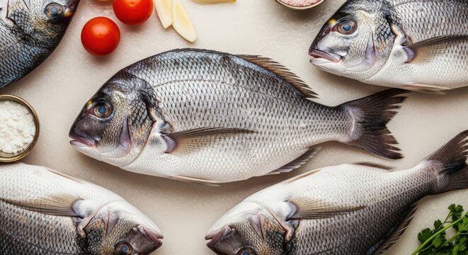 Freshly caught fish arranged on a kitchen countertop with vegetables and seasonings for cooking