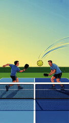 Vibrant Vector Illustration of Two Men Playing Pickleball on Outdoor Court at Sunset, Competitive Sports Concept