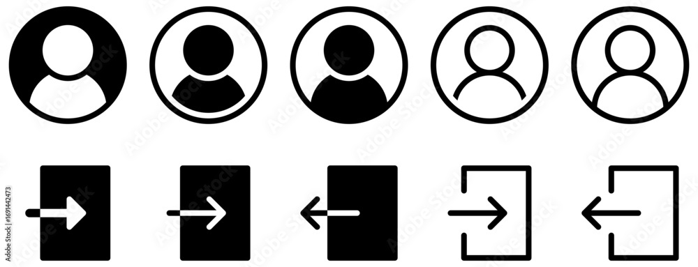 Poster login, logout, and user profile icons in various styles. this set includes simple, solid, line, and 