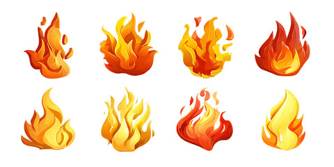 Collection of eight pixel art flames in varying shades of orange and red against a transparent background, PNG