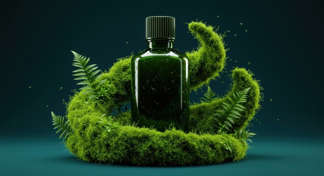 Elegant green bottle displayed with vibrant moss and ferns showcasing natural organic skincare essence and sustainable beauty practices