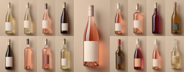 Wine bottle collection on beige background