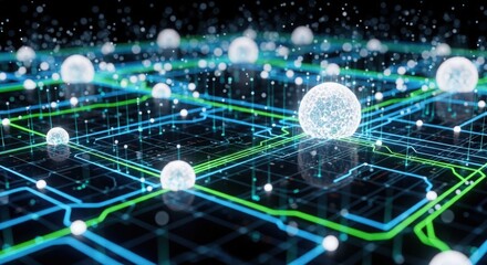 Futuristic digital landscape with glowing spheres and interconnected lines representing data flow