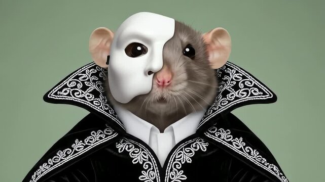 Rat wearing Phantom of the Opera mask and cloak