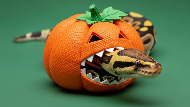 Snake head poking out of a carved pumpkin with sharp teeth
