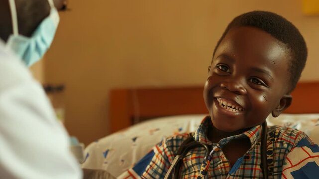 Smiling child in hospital bed, with medical professional.