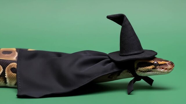 Snake wearing a witchs hat and cape on a green background