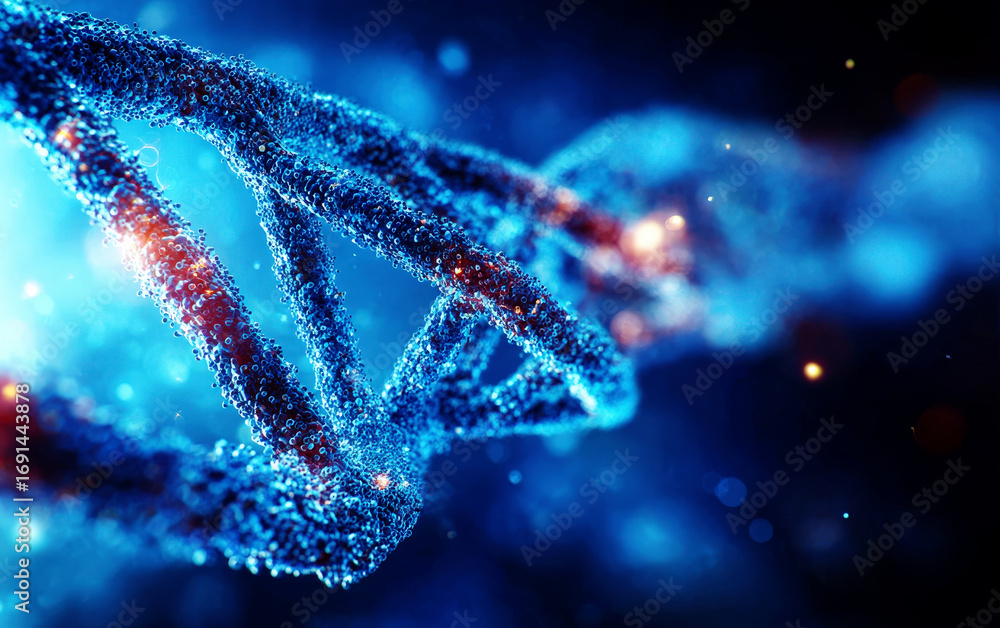 Poster close-up view of a dna double helix structure in a blue toned background