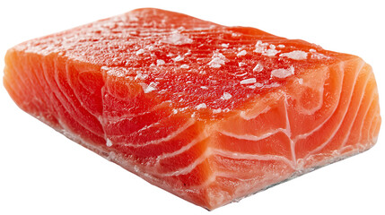 A piece of raw salmon is shown on a white background