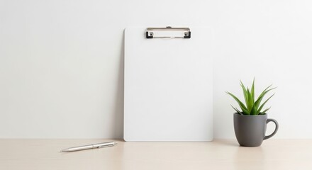 Blank clipboard, pen, and small succulent plant on a minimalist desk.