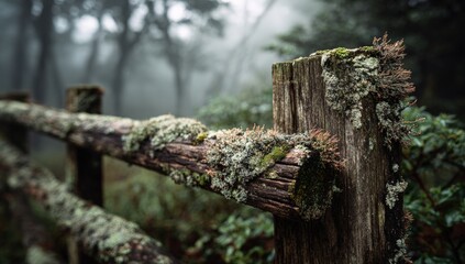 Obraz premium Close-up of weathered wooden fence post in foggy forest