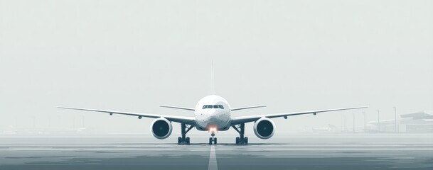 A large jetliner sits on a fog-shrouded airport runway