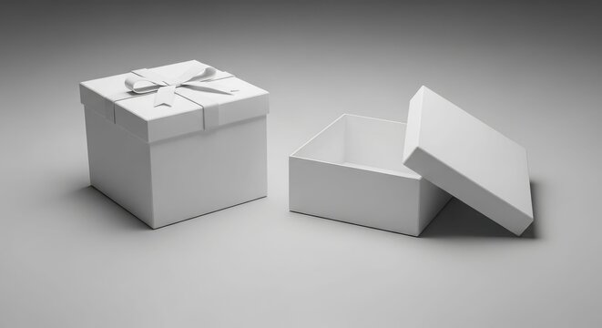 Two white gift boxes, one closed with a bow, the other open, on a gray surface.