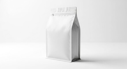 A plain white, sealed, stand-up pouch package is displayed against a bright white background with subtle shadows.