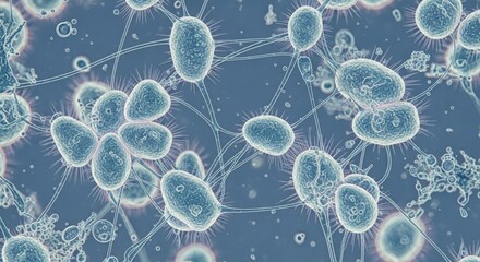 Microscopic view of bacteria interacting in a vibrant blue background, showcasing microbial life