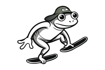 Fototapeta premium Frog skateboarding mid-jump with cap backwards