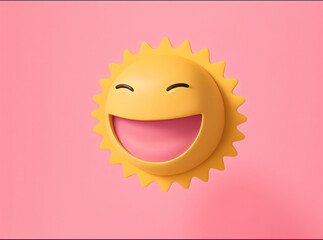 A cartoon - style yellow sun with a wide smiling face, closed eyes, and a pink open mouth, set against a solid pink background.