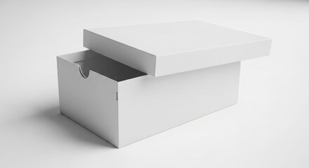 A partially opened plain white cardboard shoebox sits on a white background.