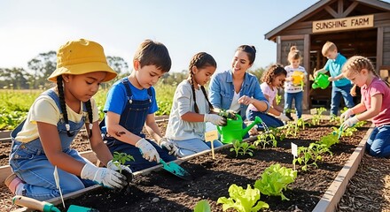 Kids cultivating sunshine farm: A group of diverse children, alongside a nurturing instructor, immerses themselves in the vibrant task of gardening.