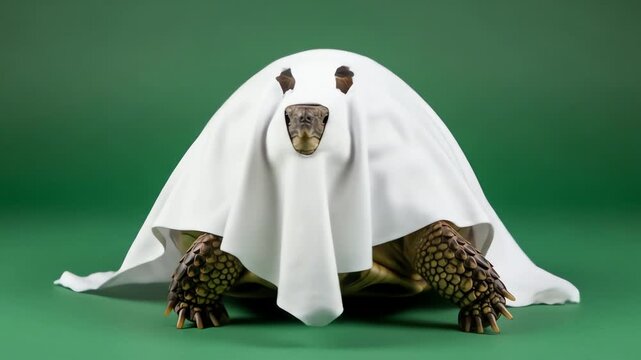 Turtle wearing a ghost costume against a green background