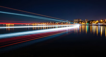 Nighttime waterfront scene with colorful light trails from boats reflecting on calm water