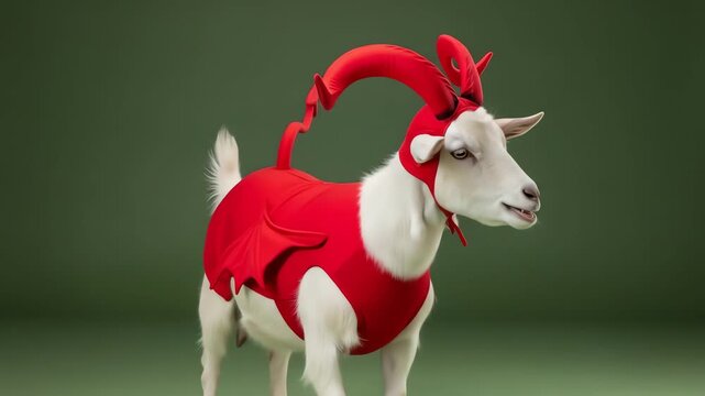 White goat in red devil costume with horns and cape