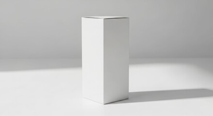 A tall, blank white cardboard box stands on a light gray surface, illuminated by soft light casting a shadow.
