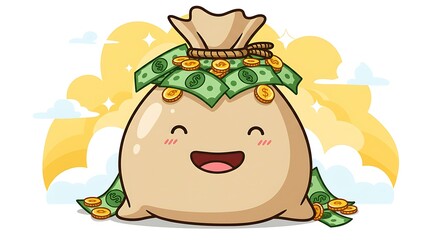 Fototapeta premium Smiling Moneybag: A friendly moneybag brimming with cash and coins smiles warmly, conveying wealth and prosperity in a fun, inviting visual.