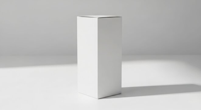 A tall, blank white cardboard box stands on a light gray surface, illuminated by soft light casting a shadow.