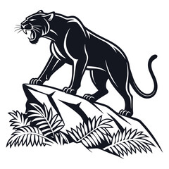 Fototapeta premium Roaring Panther on Jungle Rock – Bold Black and White Wildlife Illustration