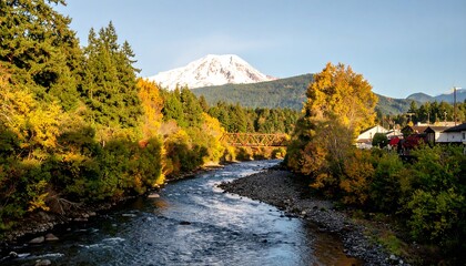 Autumn River Scene with Mountain View