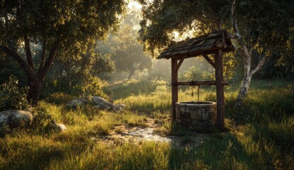 Sunlit well in a tranquil forest glade