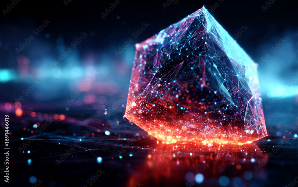 Poster a futuristic glowing crystal with connected dots and lines