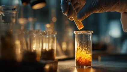 A scientist in a lab coat carefully transfers a liquid from a test tube into a beaker