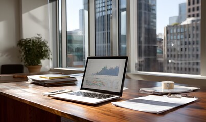 a modern office desk with an open laptop displaying graphs and data, set against the backdrop of buildings outside a large window, symbolizing business analytics in action.
