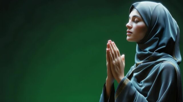 A woman in a hijab engages in a quiet moment of prayer, hands clasped together. She is dressed modestly and surrounded by soft candlelight.