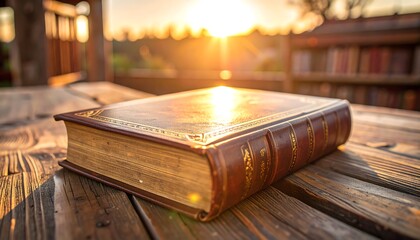 Antique book on wooden table at sunset