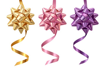 Crumpled Gold ,Pink ,Purple Gift Ribbons PNG Set – Realistic Shiny Ribbons, Isolated Transparent Background