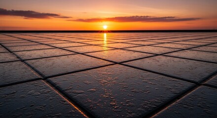 Serene sunset over a reflective tiled surface, showcasing vibrant colors and tranquil atmosphere