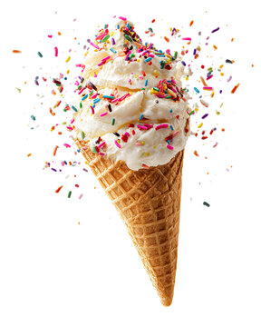 A cone of ice cream with sprinkles on top