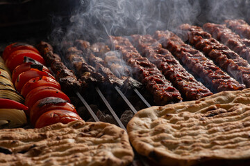 Grilled Onion, Tomato, Chicken, Meat Skewers with Lavash Photo