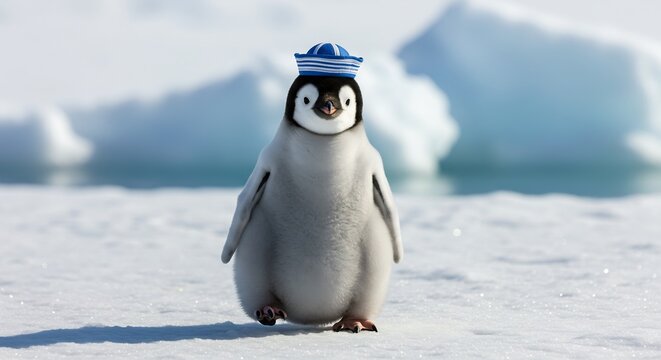 Adorable penguin chick playfully wears sailor hat against bright Antarctic backdrop. AI Generated