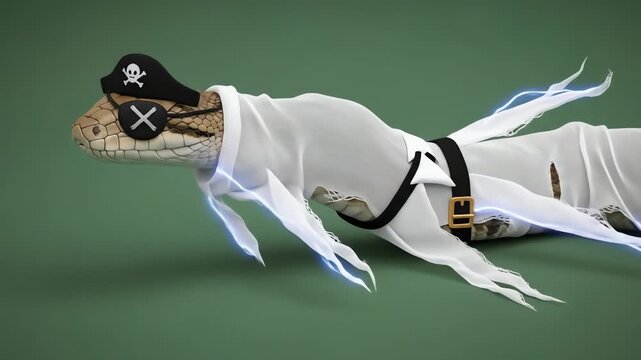 A 3D rendered snake wearing a pirate hat and eye patch draped in white fabric