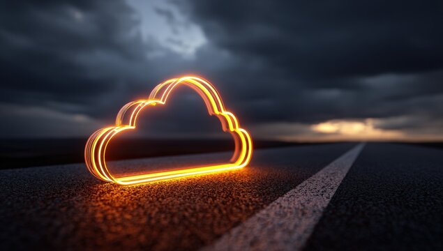 Glowing cloud icon on a road at sunset